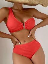 High Waist One Shoulder Bikini Solid Ribbed Textured Swimwear - Clothing Whore